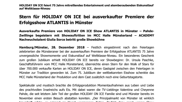 Stern für HOLIDAY ON ICE bei ausverkaufter Premiere der Erfolgsshow ATLANTIS in Münster