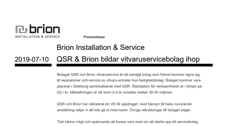 Brion Installation & Service QSR & Brion bildar vitvaruservicebolag ihop