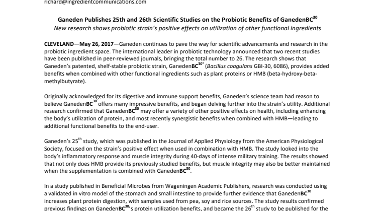 Press release – Ganeden Publishes 25th and 26th Scientific Studies on the Probiotic Benefits of GanedenBC30