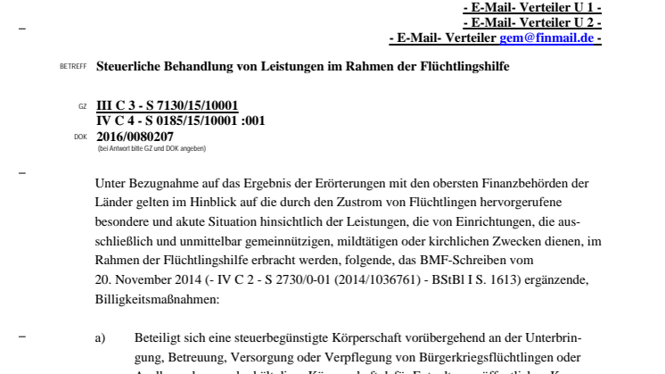 Steuerliche Behandlung von Leistungen im Rahmen der Flüchtlingshilfe