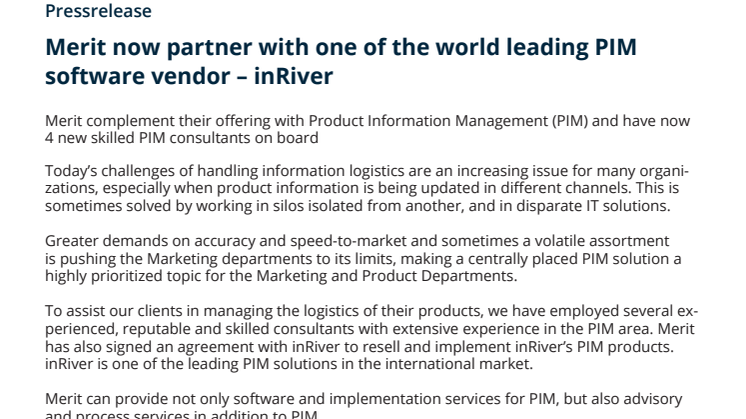 Merit now partner with one of the world leading PIM software vendor – inRiver