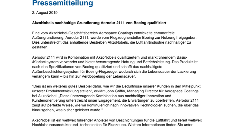 AkzoNobels nachhaltige Grundierung Aerodur 2111 von Boeing qualifiziert