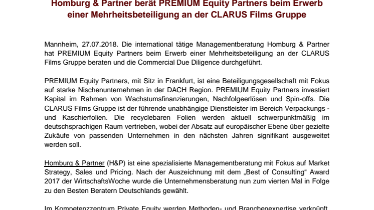 Homburg & Partner berät PREMIUM Equity Partners beim Erwerb einer Mehrheitsbeteiligung an der CLARUS Films Gruppe