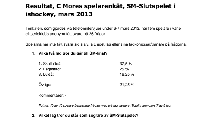 Enkät SM-Slutspelet - C Mores spelarenkät 2013
