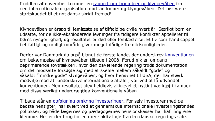 Danmark mod Landminer: Nu skal investeringer i klyngebomber forbydes!