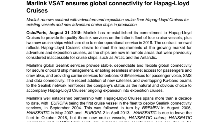 Marlink VSAT ensures global connectivity for Hapag-Lloyd Cruises