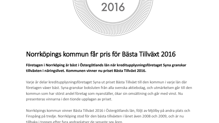 Norrköpings kommun får pris för Bästa Tillväxt 2016