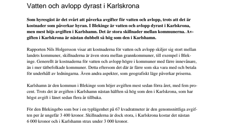 Vatten och avlopp dyrast i Karlskrona