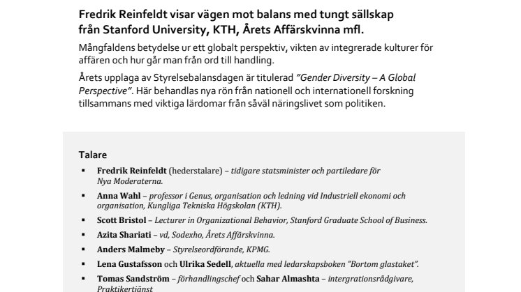 Styrelsebalansdagen 19 maj - Fredrik Reinfeldt m fl visar vägen mot balans