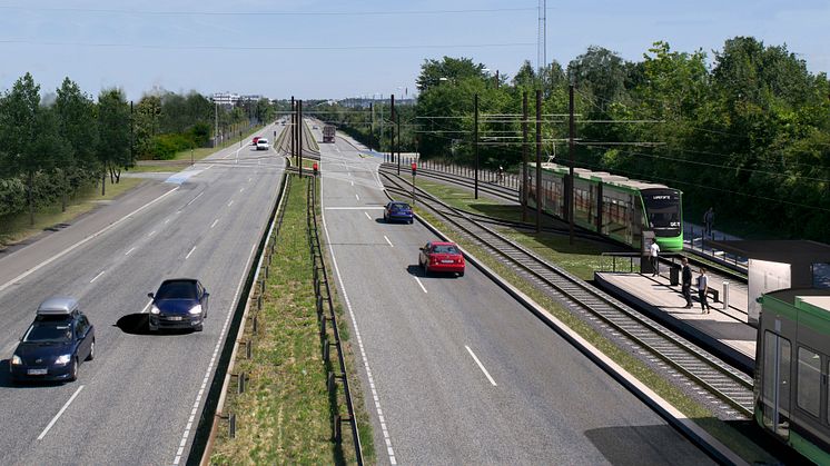 Visualisering af letbanestationen Rødovre Nord ved Ring 3. Stationspladsen kommer til at ligge på den anden side af stationen.