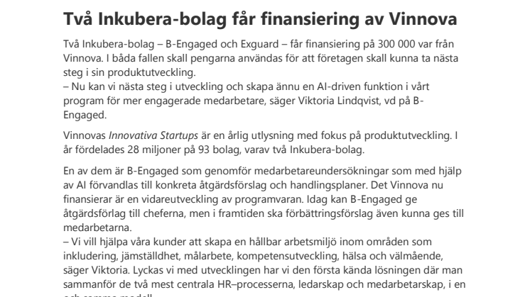 Två Inkubera-bolag får ny finansiering av Vinnova