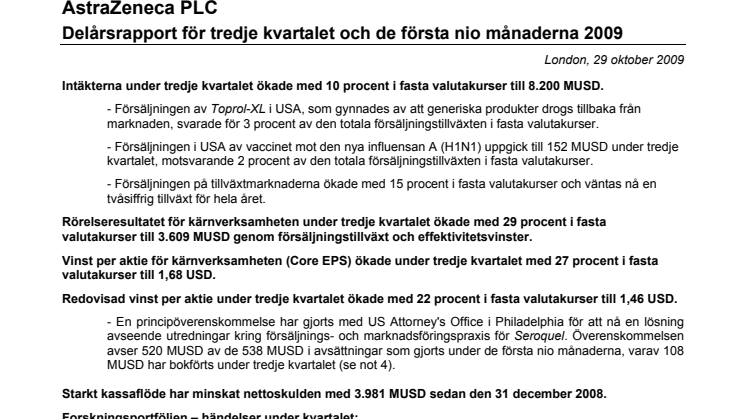 Delårsrapport för tredje kvartalet och de första nio månaderna 2009