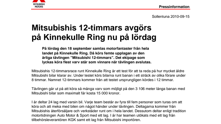 Mitsubishis 12-timmars avgörs på Kinnekulle Ring nu på lördag