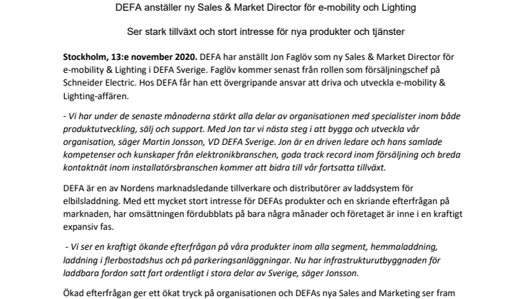 DEFA anställer ny Sales & Market Director för e-mobility och Lighting