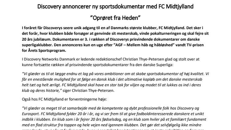 Discovery annoncerer ny sportsdokumentar med FC Midtjylland: ”Oprøret fra Heden”