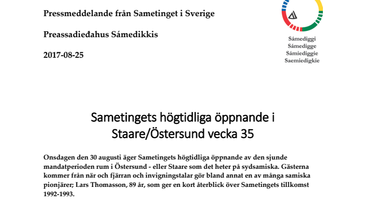 Sametingets högtidliga öppnande i Staare/Östersund vecka 35