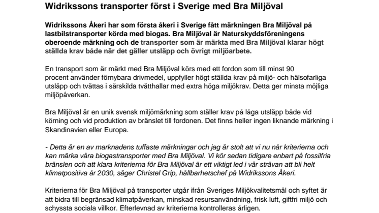 Widrikssons transporter först i Sverige med Bra Miljöval