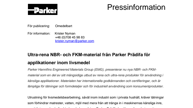 Ultra-rena NBR- och FKM-material från Parker Prädifa för applikationer inom livsmedel 