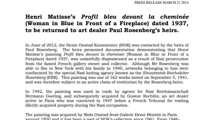 Henri Matisse’s Profil bleu devant la cheminée (Woman in Blue in Front of a Fireplace) dated 1937, to be returned to art dealer Paul Rosenberg’s heirs. 