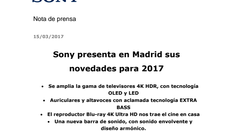 Sony presenta en Madrid sus novedades para 2017