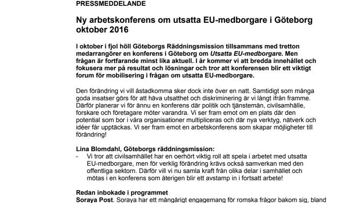 Ny arbetskonferens om utsatta EU-medborgare i Göteborg oktober 2016