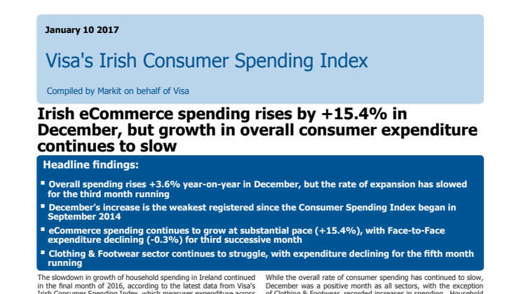 Irish eCommerce spending rises by +15.4% in December, but growth in overall consumer expenditure continues to slow