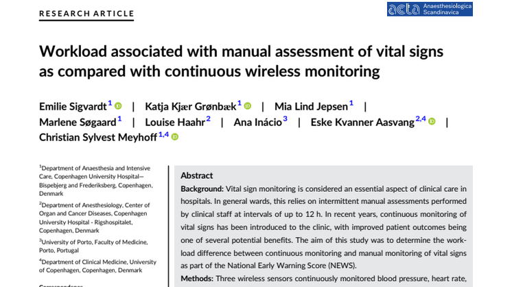 Workload associated with manual assessment of vital signs as compared with continuous wireless monitoring