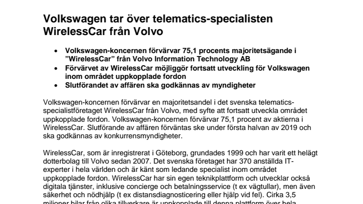 Volkswagen tar över telematics-specialisten WirelessCar från Volvo