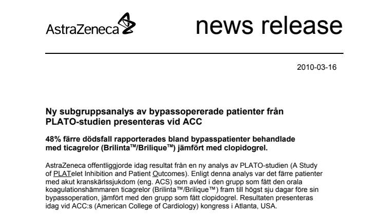 Ny subgruppsanalys av bypassopererade patienter från PLATO-studien presenteras vid ACC