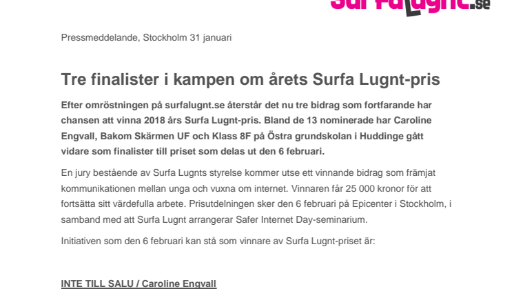 Tre finalister i kampen om årets Surfa Lugnt-pris