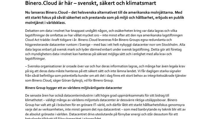 Binero Group lanserar Binero.Cloud – en svensk, säker och klimatsmart molntjänst