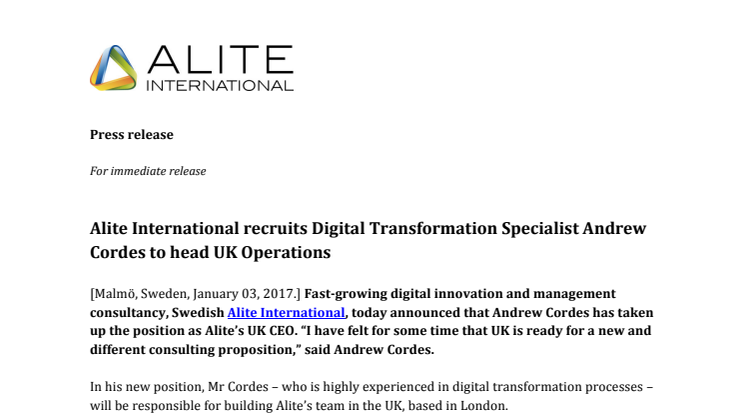 Alite International recruits Digital Transformation Specialist Andrew Cordes to head UK Operations 