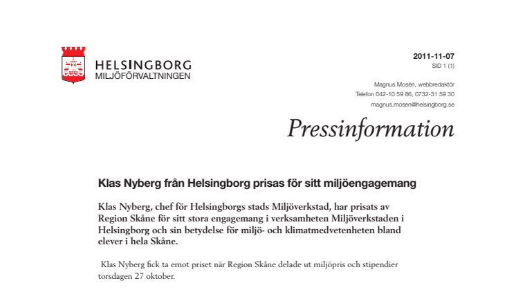 Klas Nyberg från Helsingborg prisas för sitt miljöengagemang