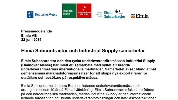 Elmia Subcontractor och Industrial Supply samarbetar