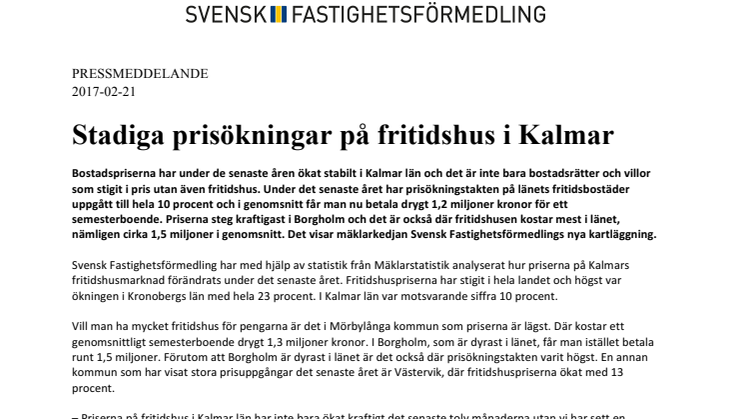 Stadiga prisökningar på fritidshus i Kalmar 