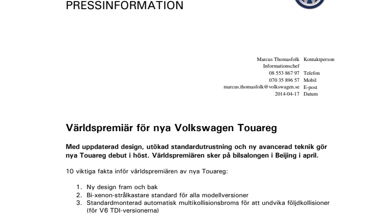 Världspremiär för nya Volkswagen Touareg