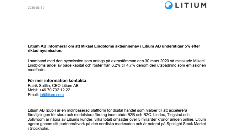 Litium AB informerar om att Mikael Lindbloms aktieinnehav i Litium AB understiger 5% efter riktad nyemission.  