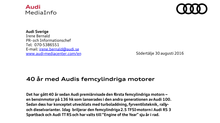 40 år med Audis femcylindriga motorer