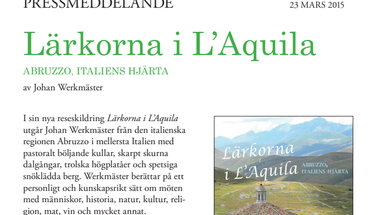 Ny reseskildring: "Lärkorna i L'Aquila: Abruzzo Italiens hjärta".  