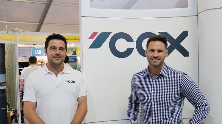 Cox Powertrain's Global Sales Director, Joel Reid with Jamie de Jong, Seascape Marine's General Manager at Seawork International 2018
