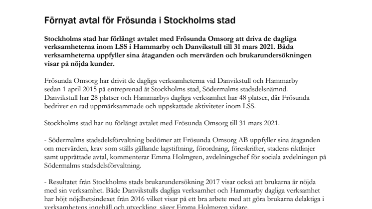 Förnyat avtal för Frösunda i Stockholms stad