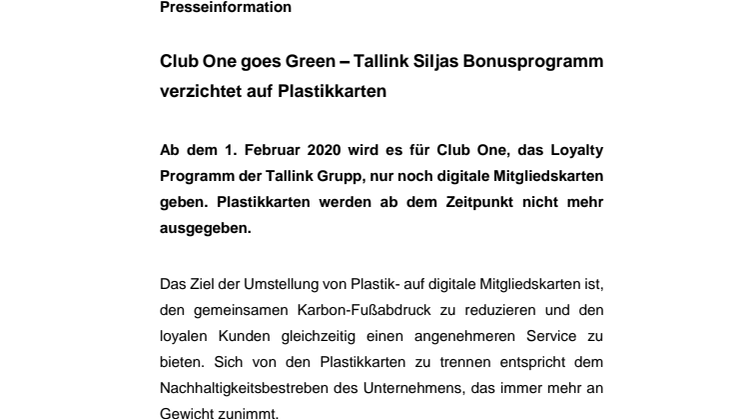 Club One goes Green – Tallink Siljas Bonusprogramm verzichtet auf Plastikkarten