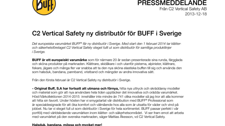 C2 Vertical Safety ny distributör för BUFF i Sverige