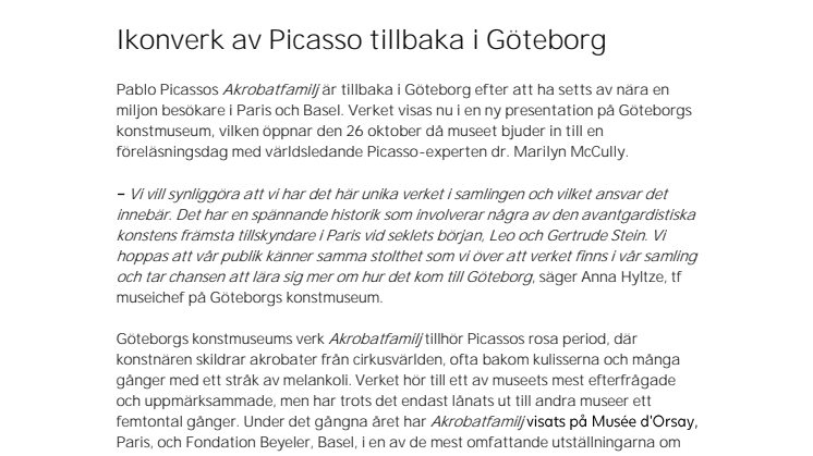 Ikonverk av Picasso tillbaka i Göteborg