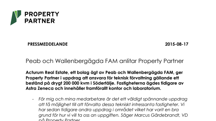 PEAB och Wallenbergägda FAM anlitar Property Partner 