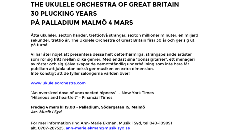 The Ukulele Orchestra of Great Britain – 30 Plucking Years på Palladium Malmö 4 mars