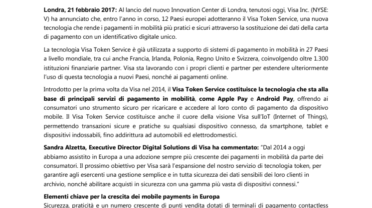 La tecnologia di Visa per i mobile payment si espande - Pagamenti in mobilità disponibili in 12 mercati europei entro la fine del 2017
