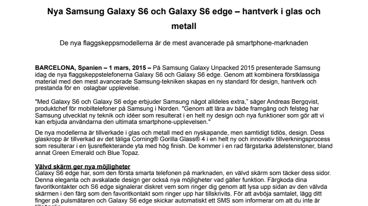 ​Nya Samsung Galaxy S6 och Galaxy S6 edge – hantverk i glas och metall