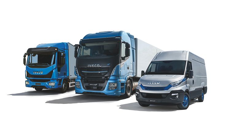 Tre av IVECO´s gasfordon. Eurocargo, Stralis  och Daily som visas på Lastbil 2018 i Jönköping.