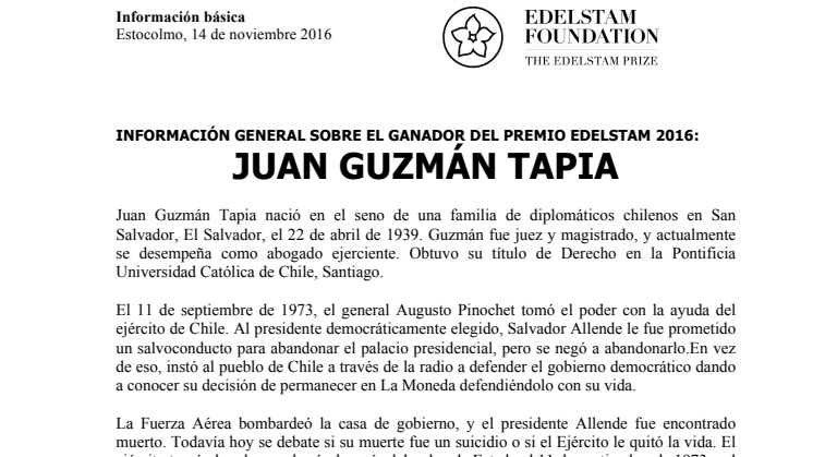 INFORMACIÓN GENERAL SOBRE EL GANADOR DEL PREMIO EDELSTAM 2016: JUAN GUZMÁN TAPIA